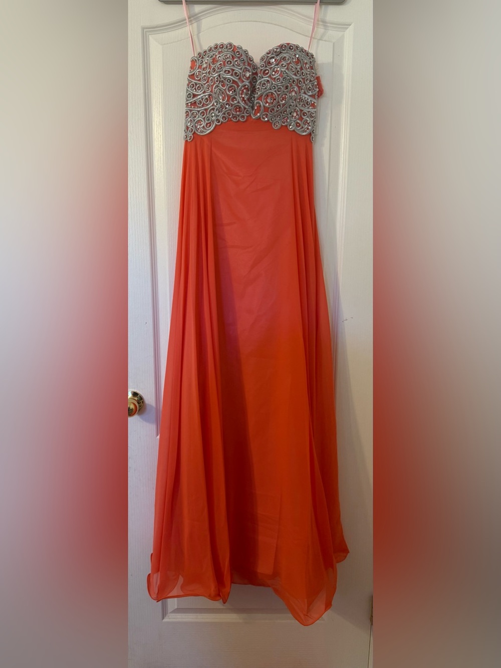 Coral Strapless Beaded Evening Gown Prom Dress corset flowy XS